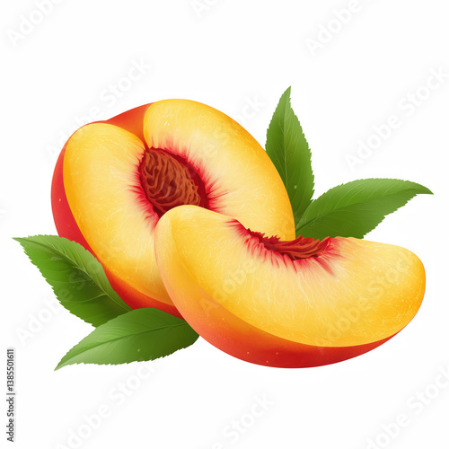 Fresh peach slices with vibrant golden-yellow flesh and juicy texture, sweet summer fruit illustration isolated on transparent background