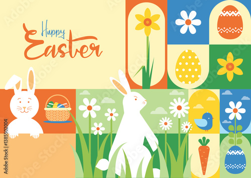 happy easter modern geometric shapes abstract background with easter bunny, easter eggs, flowers and more
