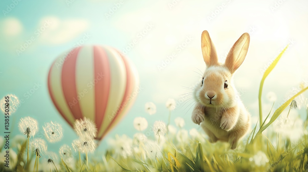 Fototapeta premium A rabbit-sized hot air balloon floating over a dandelion field