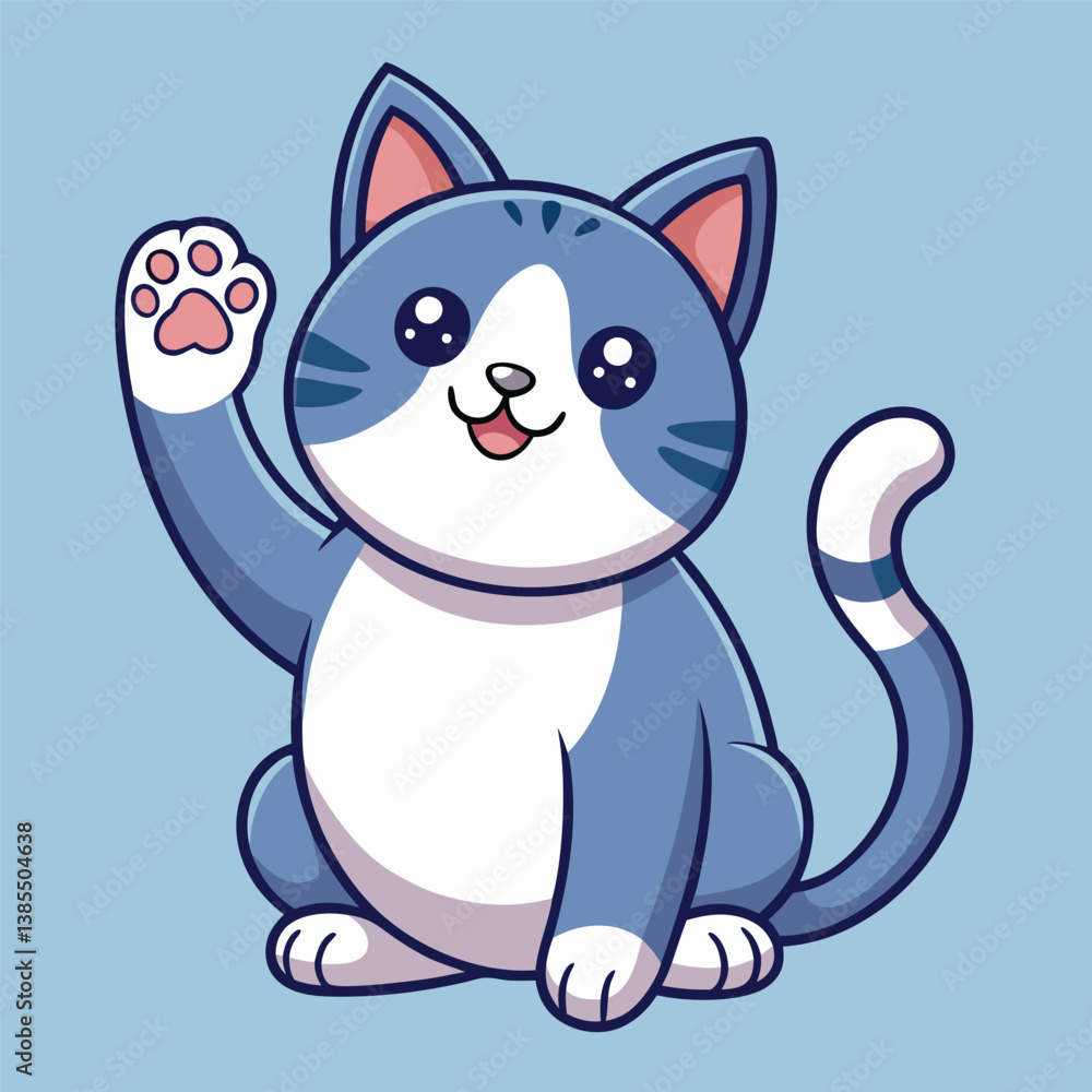 Cheerful Cartoon Blue Cat Waving with Pink Paw Pads Cheerful Cartoon Blue Cat Waving with Pink Paw Pads