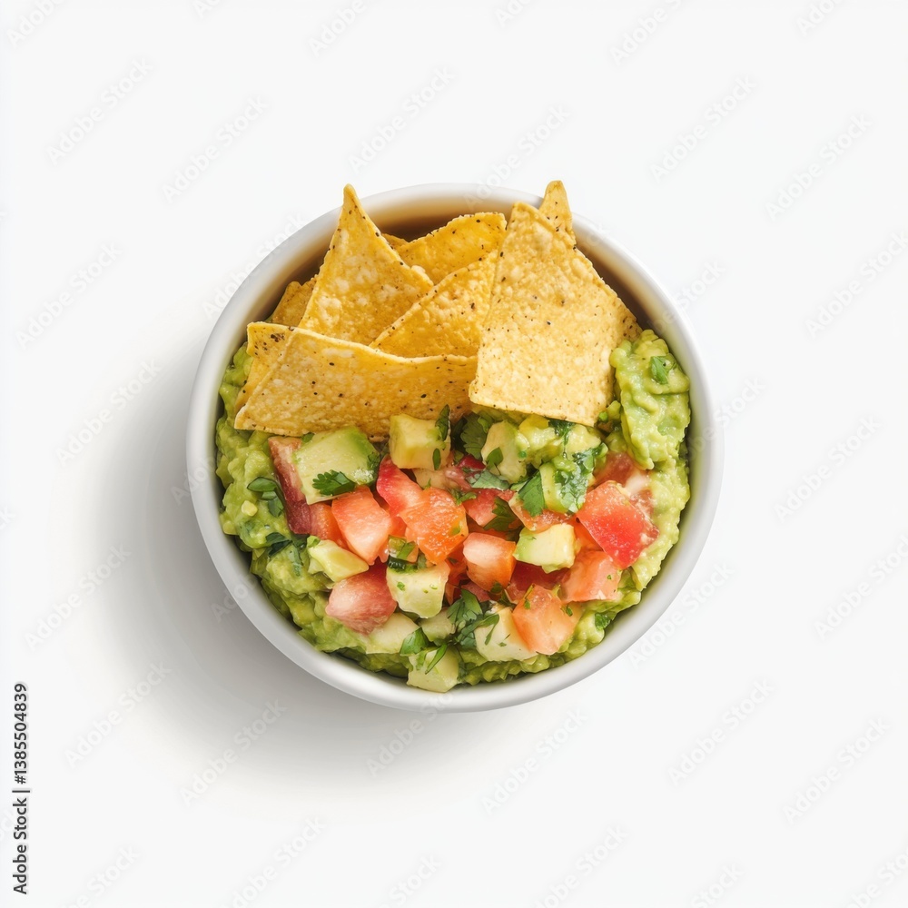 A bowl of fresh guacamole with diced tomatoes, onions, and cilantro. Featuring flavor and freshness A bowl of fresh guacamole with diced tomatoes, onions, and cilantro. Featuring flavor and freshness