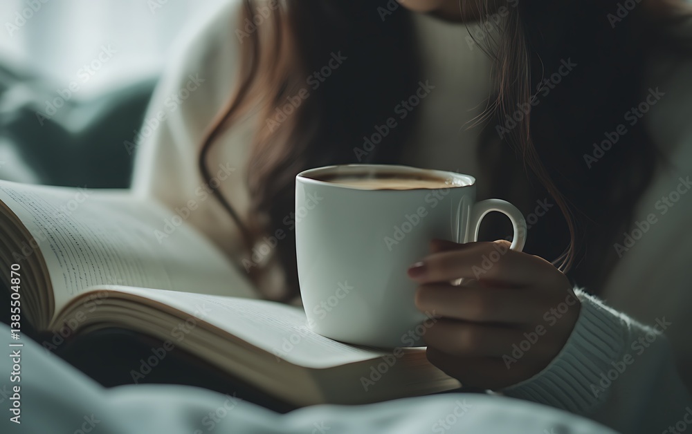 A close-up of an Asian woman's hand holding a coffee mug and writing in her notebook, with the background blurred A close-up of an Asian woman's hand holding a coffee mug and writing in her notebook, with the background blurred