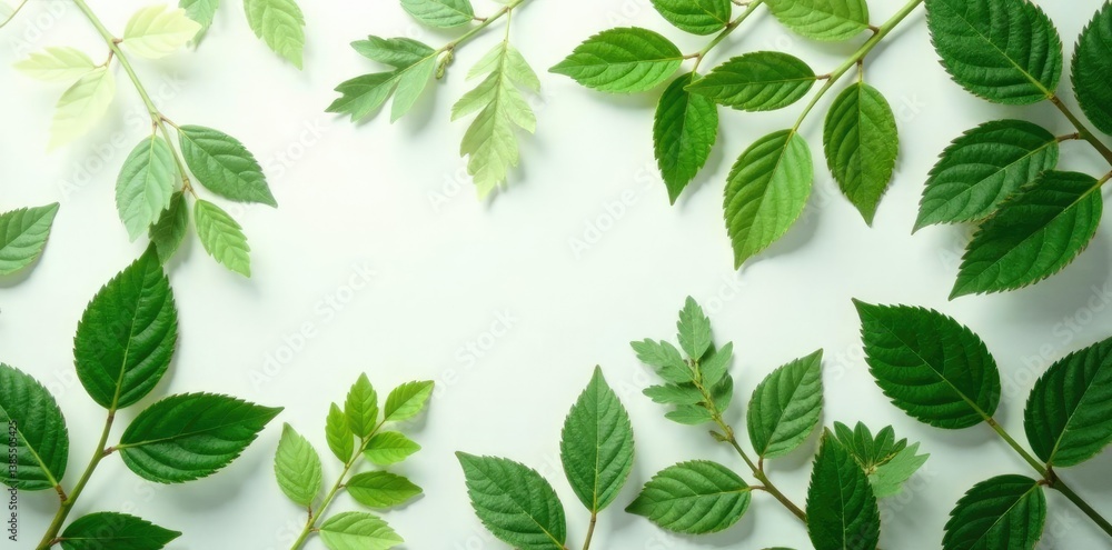 Leafy greens in a loose arrangement on a plain white, organic, nature, forest Leafy greens in a loose arrangement on a plain white, organic, nature, forest
