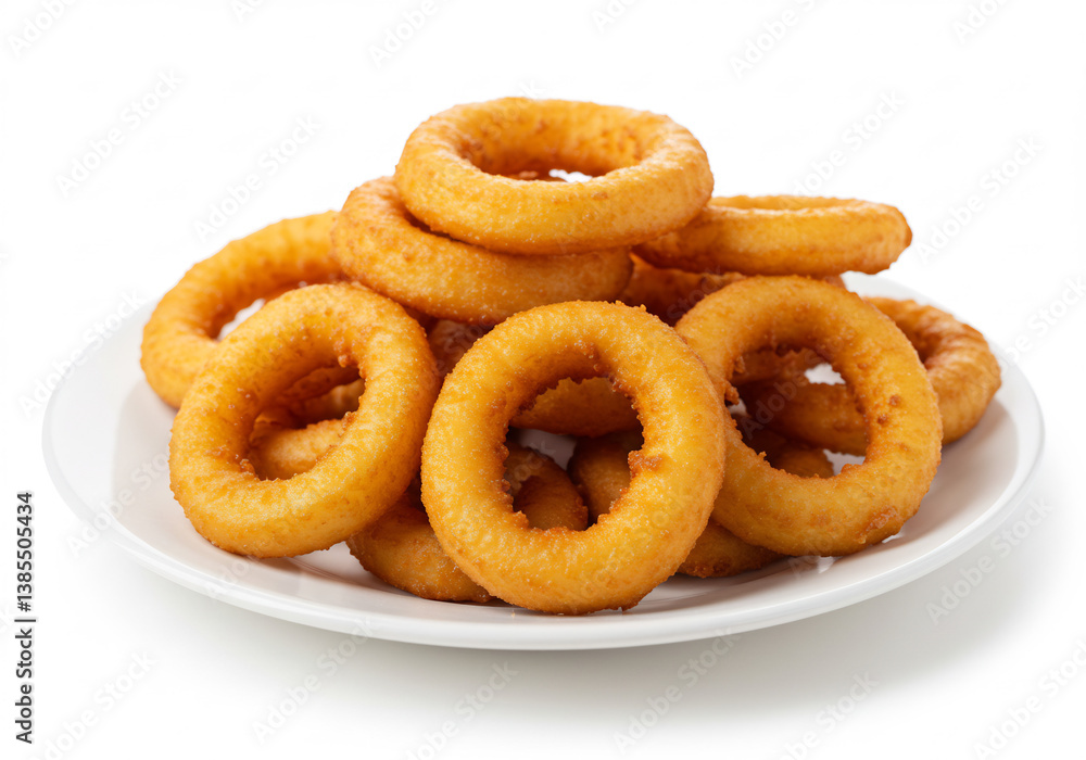 Golden Brown Crispy Fried Onion Rings on a White Plate Golden Brown Crispy Fried Onion Rings on a White Plate