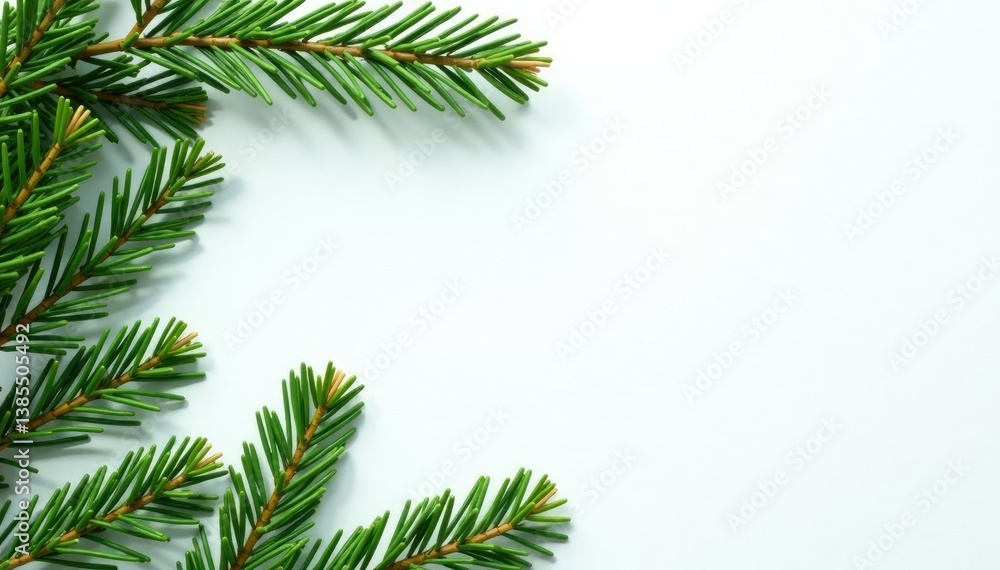 Leafy spruce branches on a plain white surface, evergreen branches, forest elements Leafy spruce branches on a plain white surface, evergreen branches, forest elements