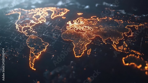 Glowing orange world map with digital network connections.
