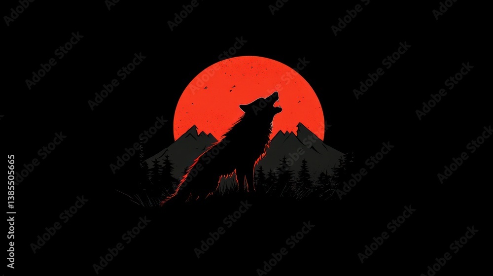 Silhouette wolf howling at red sun over mountains Silhouette wolf howling at red sun over mountains