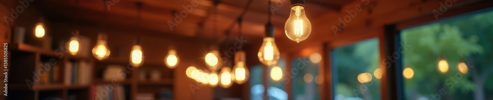 Light bulbs hanging from a wooden ceiling with soft focus and pastel colors, bokeh effect, quiet evening Light bulbs hanging from a wooden ceiling with soft focus and pastel colors, bokeh effect, quiet evening