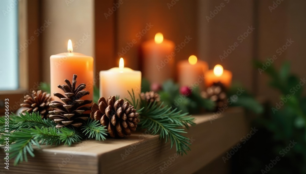 Pinecone and candle arrangement on a wooden mantel, wooden, cozy Pinecone and candle arrangement on a wooden mantel, wooden, cozy