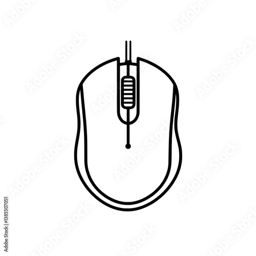 Curved outline vector of a wired computer mouse with detailed scroll design, perfect for hardware visuals, device tutorials, and ergonomic tech illustrations.