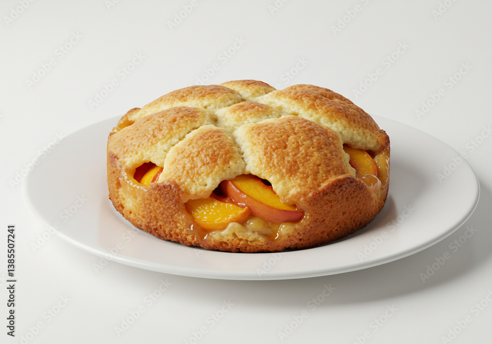 Golden Brown Peach Cobbler on a White Plate Golden Brown Peach Cobbler on a White Plate