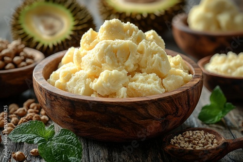 Creamy Shea Butter in Wooden Bowl with Durian and Nuts