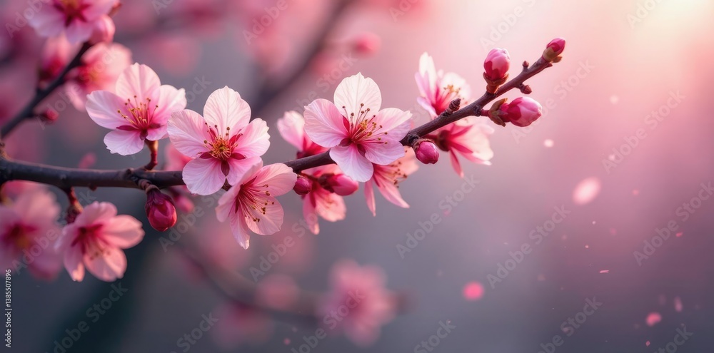 Pink branches adorned with blossoms sway gently,, leafy Pink branches adorned with blossoms sway gently,, leafy