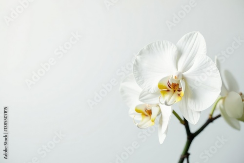 Delicate white orchid blossom on pure white backdrop, zen, peaceful, aesthetic