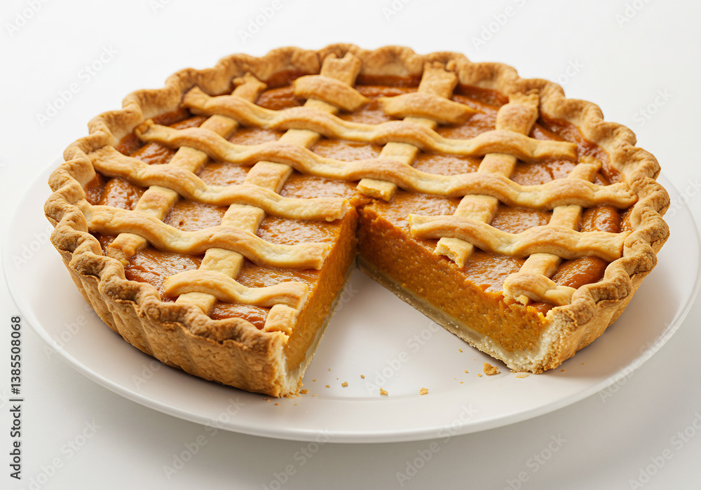 Golden Brown Pumpkin Pie with Lattice Crust on White Plate Golden Brown Pumpkin Pie with Lattice Crust on White Plate