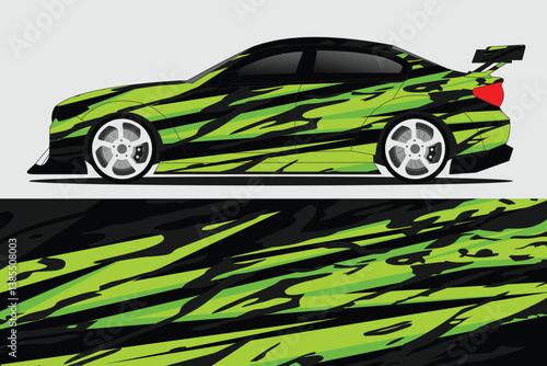 Sleek racing car with vibrant green and black camouflage design parked against a minimalist backdrop