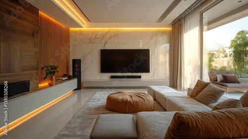 Modern living room, sunset view, luxury home entertainment