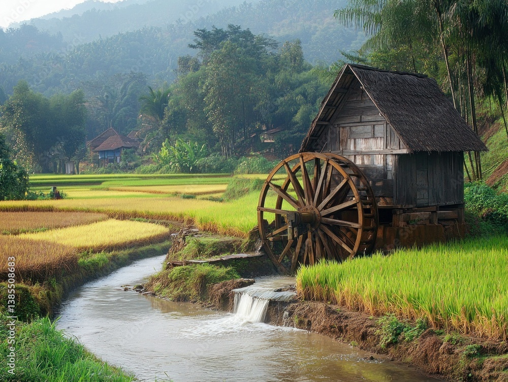 Fototapeta premium A farmer walking along the edge of a rice field, checking the water level and soil condition
