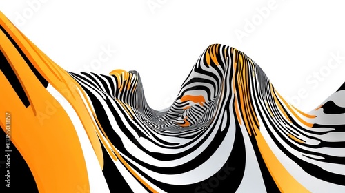 Abstract orange and black striped waves flowing over white background.