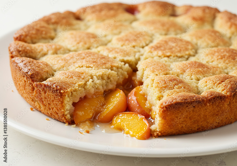 Golden Peach Cobbler on White Plate Rustic Summer Dessert Golden Peach Cobbler on White Plate Rustic Summer Dessert