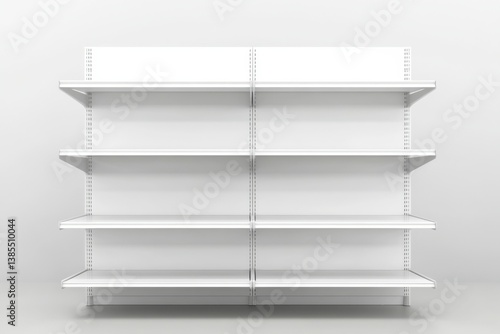 Empty shelves in a retail store setting with white background and modern design, highlighting the organized structure and simplicity of the display area