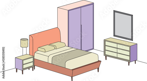 Modern Bedroom Interior With Bed And Dressing Table, Almira, table lamp. vector illustration of a bedroom. Cozy living room. Residential lifestyle. 