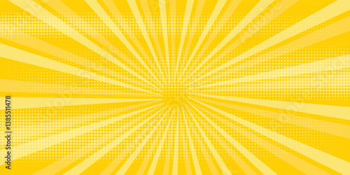 Yellow abstract background with light of sunburst. yellow starburst with halftone. sun ray retro background with flash