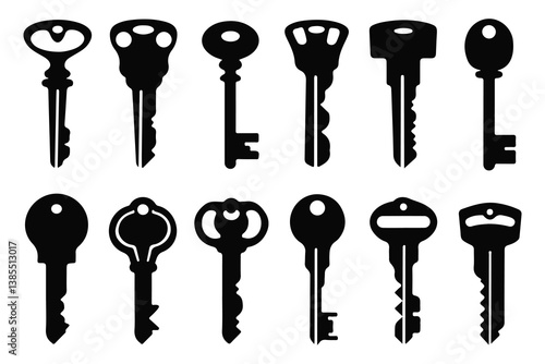 Collection of Vintage Key Silhouettes, vector illustration isolated on white background.