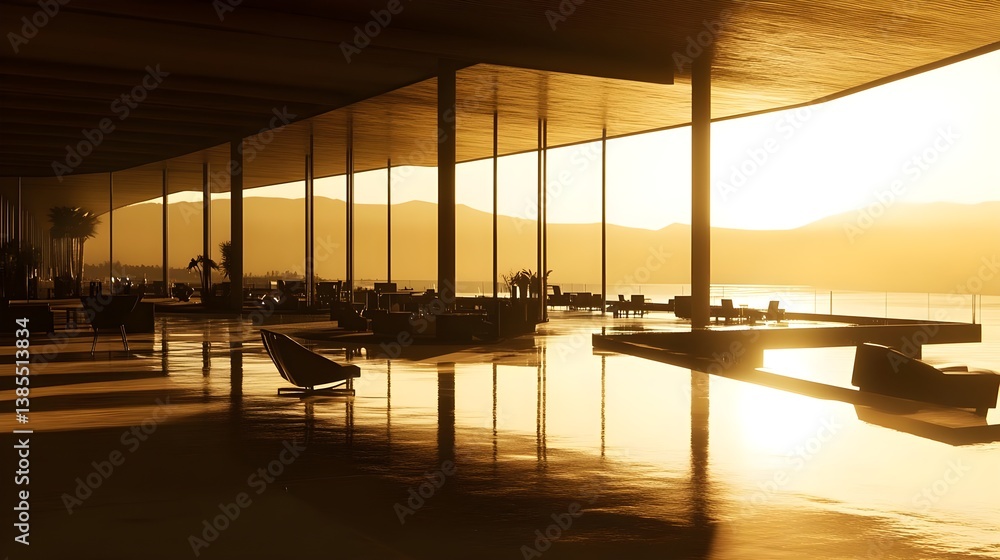 Fototapeta premium Modern Office Interior with Scenic Sunset View and Luxurious Ambience