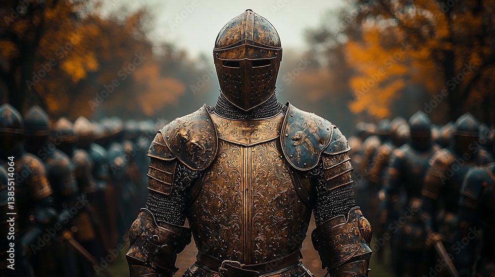 Knight in Command: A majestic knight, armored in ancient steel, stands at the forefront, commanding an army with unwavering resolve, set against an autumnal backdrop, radiating strength and history. Knight in Command: A majestic knight, armored in ancient steel, stands at the forefront, commanding an army with unwavering resolve, set against an autumnal backdrop, radiating strength and history.