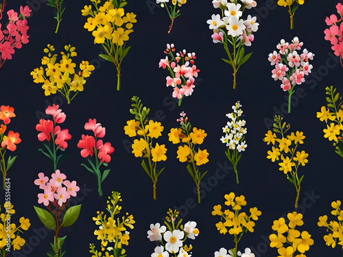 Set of small sprigs of yellow flowers of berberis thunbergii, pink chamelaucium and white gypsophila isolated