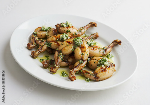 Grilled Frog Legs with Garlic Herb Butter on a White Plate
