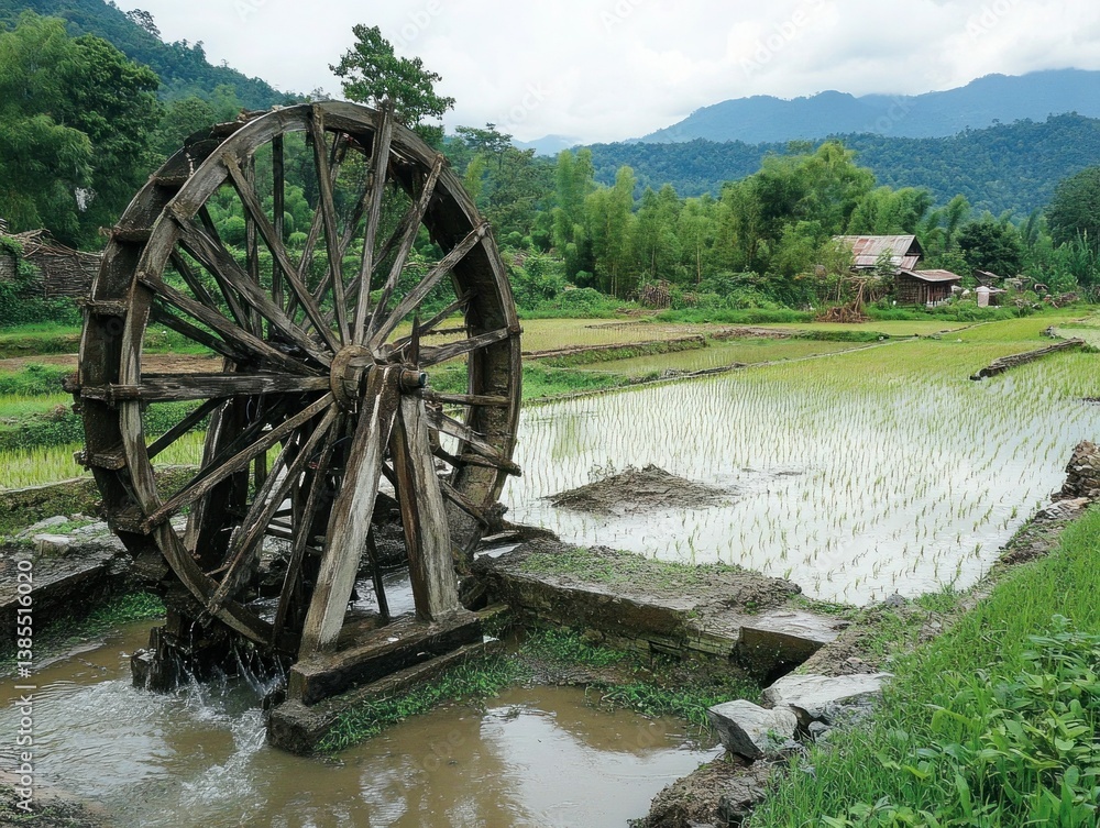 A farmer walking along the edge of a rice field, checking the water level and soil condition A farmer walking along the edge of a rice field, checking the water level and soil condition