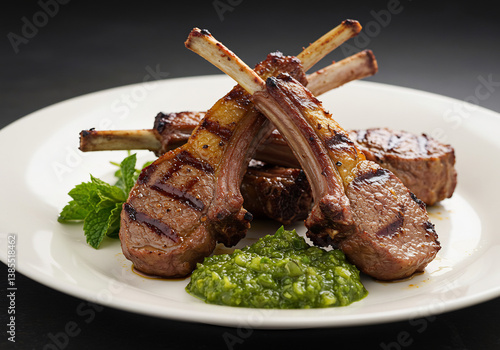 Fototapeta Naklejka Na Ścianę i Meble -  Grilled Lamb Chops with Mint Pesto on White Plate