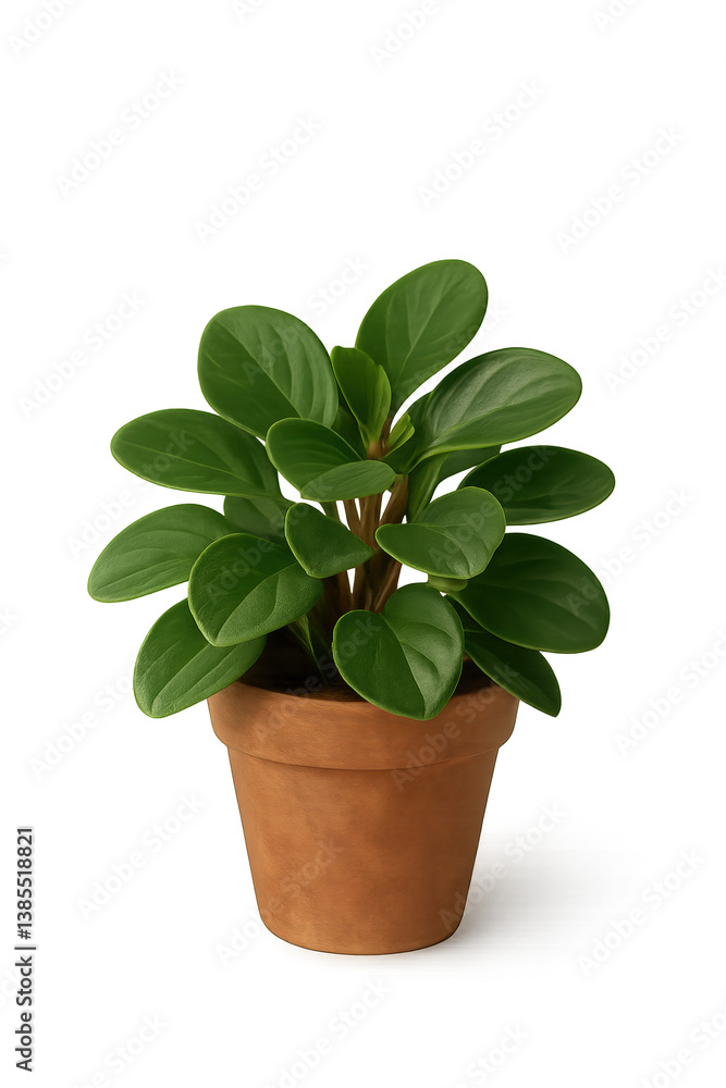 Fototapeta premium Peperomia obtusifolia, also known as baby rubber plant, in a terracotta pot. The plant showcases thick, oval-shaped, glossy green leaves that are neatly layered and radiate outward from the center