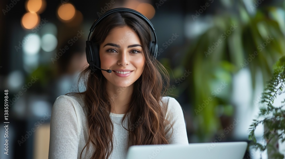 In a lively cafe filled with greenery, a young woman wearing a headset smiles while participating in a virtual meeting on her laptop. The bright atmosphere enhances her professional demeanor