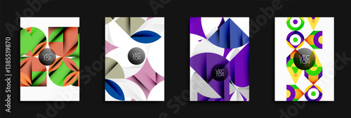 Four vibrant vector designs. Each features abstract shapes, bold colors, central circular element with text yes tor. Modern, geometric aesthetic dominates compositions.