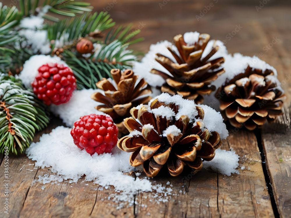 Festive Forest Embellishments: An inviting tableau of holiday cheer, featuring pinecones nestled amidst snow, adorned with vibrant red berries and fresh evergreen sprigs. Festive Forest Embellishments: An inviting tableau of holiday cheer, featuring pinecones nestled amidst snow, adorned with vibrant red berries and fresh evergreen sprigs.