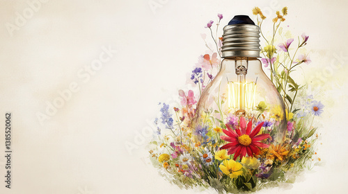 Artistic rendering of a vintage light bulb with a garden of colorful wildflowers growing inside and around it, slight crack in the bulb with vines escaping, soft vignette background fading to white