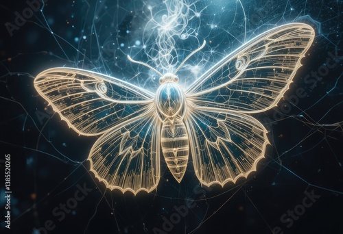 Glowing Butterfly Illustration with Neural Network Connections on Dark Background
