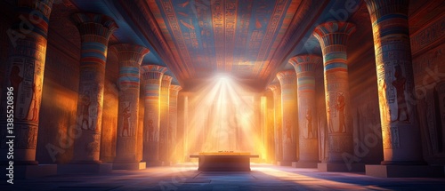 Mystical ambience of ancient egyptian temple inner sanctum with illuminated hieroglyphs