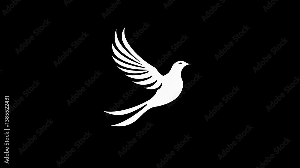 Obraz premium White dove flying on black background, freedom, peace, spirituality, possible use in posters or presentations