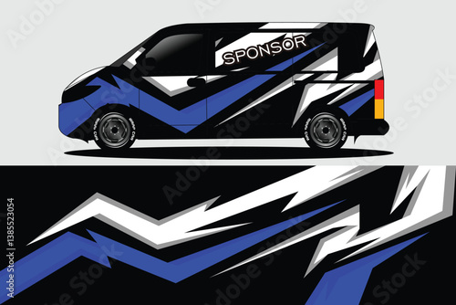 Stylishly designed van with dynamic graphics parked against a neutral background