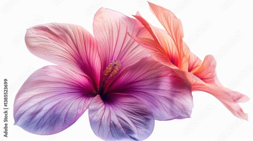 Fototapeta premium A close-up of a tropical flower with large petals in vibrant pink and purple hues, isolated on a transparent white background 
