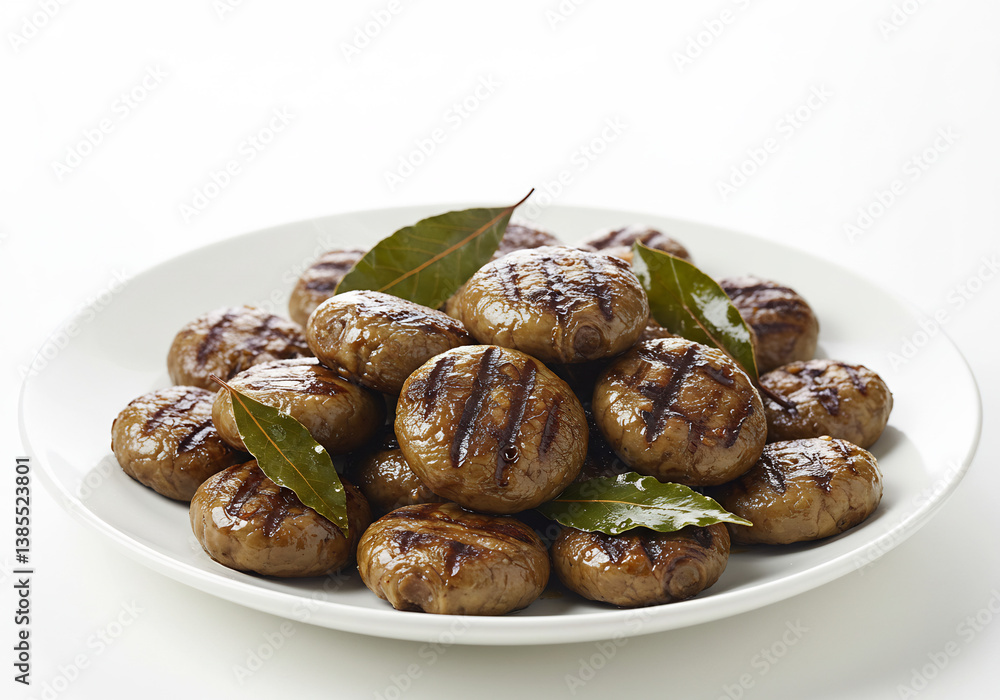 Grilled Meatballs with Bay Leaves on a White Plate Grilled Meatballs with Bay Leaves on a White Plate