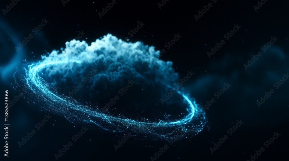 digital cloud computing logo with particle ring circle , futuristic abstract background, illustration
