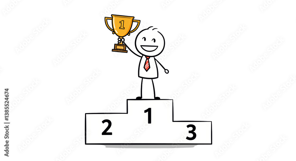 Stick Figure Winning Trophy on Podium Celebrating First Place Success Stick Figure Winning Trophy on Podium Celebrating First Place Success