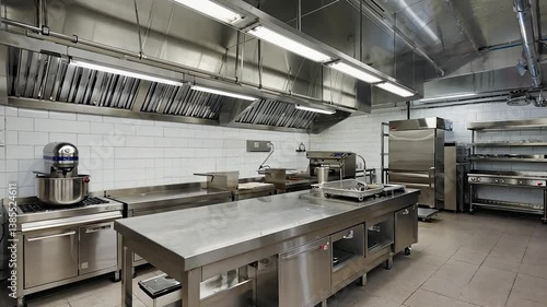 Empty Commercial Kitchen with Stainless Steel Fixtures and White Tiled Walls