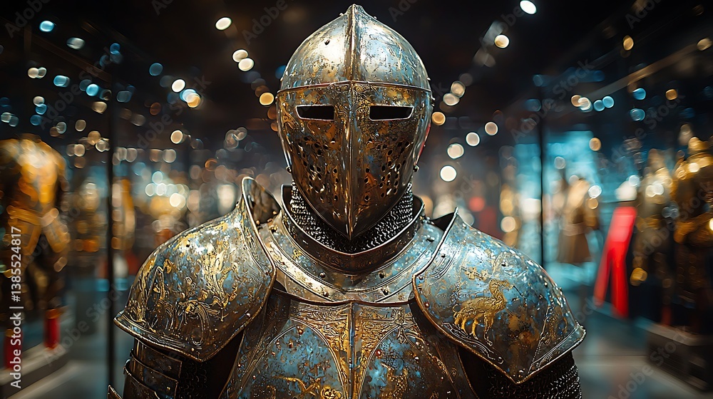 Knights Armor Display: An imposing suit of historical knight armor gleams under museum spotlights, a powerful symbol of medieval valor and craftsmanship. Displayed behind glass. Knights Armor Display: An imposing suit of historical knight armor gleams under museum spotlights, a powerful symbol of medieval valor and craftsmanship. Displayed behind glass.