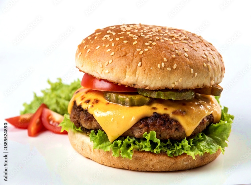 Delicious hamburger with cheese, lettuce, tomato, and onion on a sesame seed bun isolated on a white background Delicious hamburger with cheese, lettuce, tomato, and onion on a sesame seed bun isolated on a white background